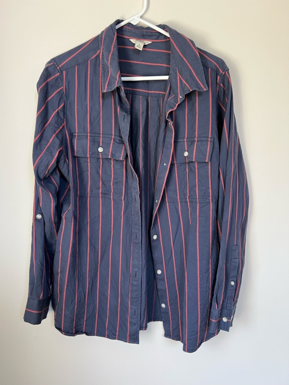L.L. Bean Navy Shirt with Pink Stripes Large Tencel